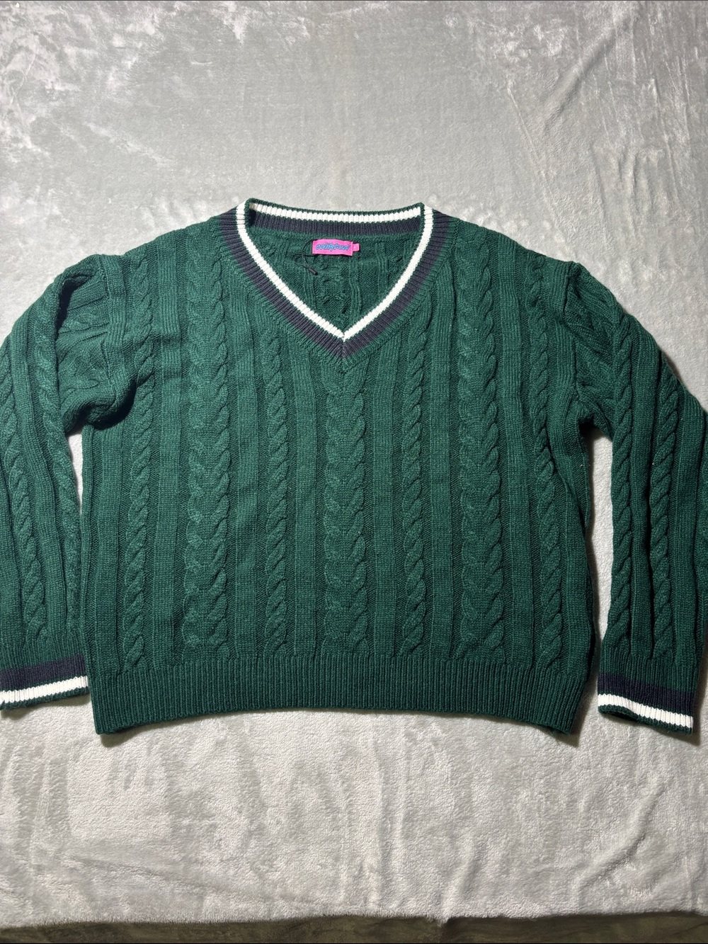Edikted‎ Womens S Green Cable Knit V Neck Varsity Preppy Sweater Pullover